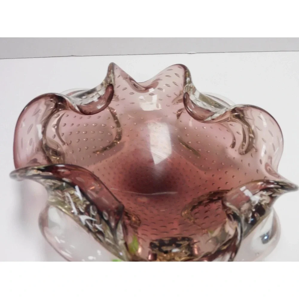 VTG Cranberry Murano Style Bullicante Art Glass Ruffled Bowl Purple 7 inch JC123